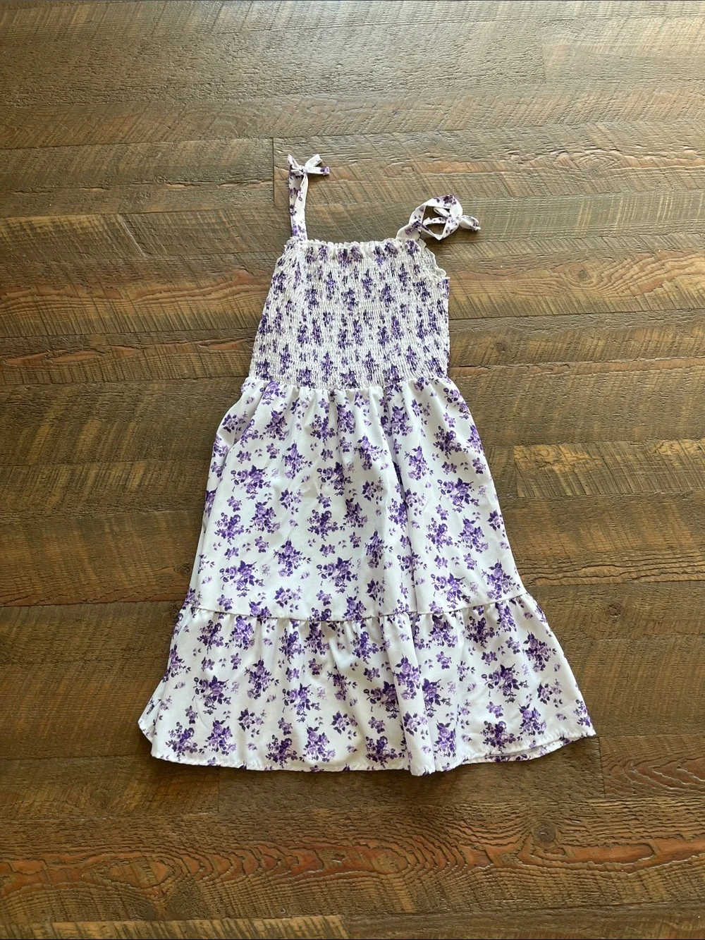 SHEIN White Dress with Purple Floral Print and Smocked Bodice